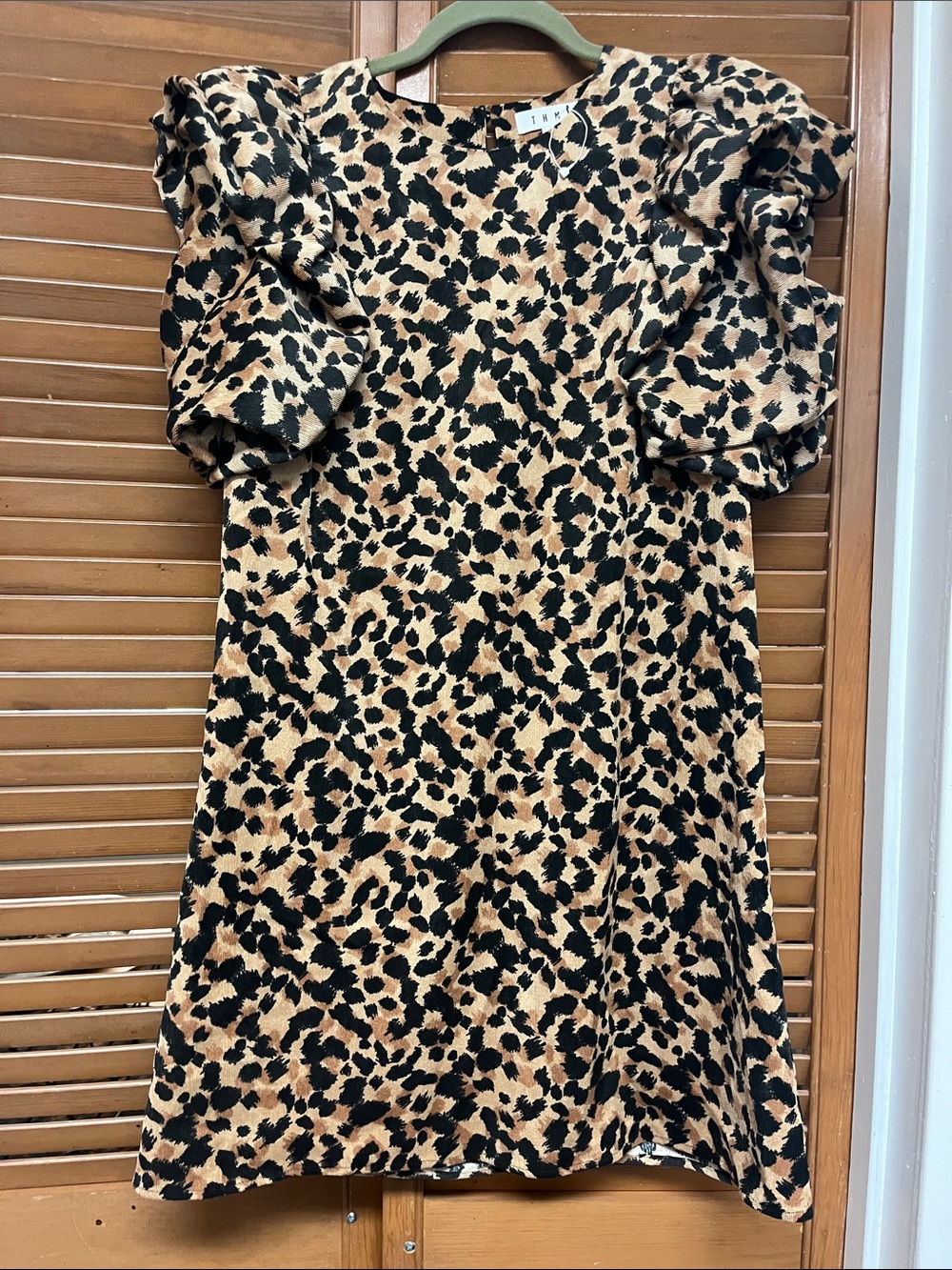 THML Leopard Print Puff Sleeve Shift Dress - Black & Tan